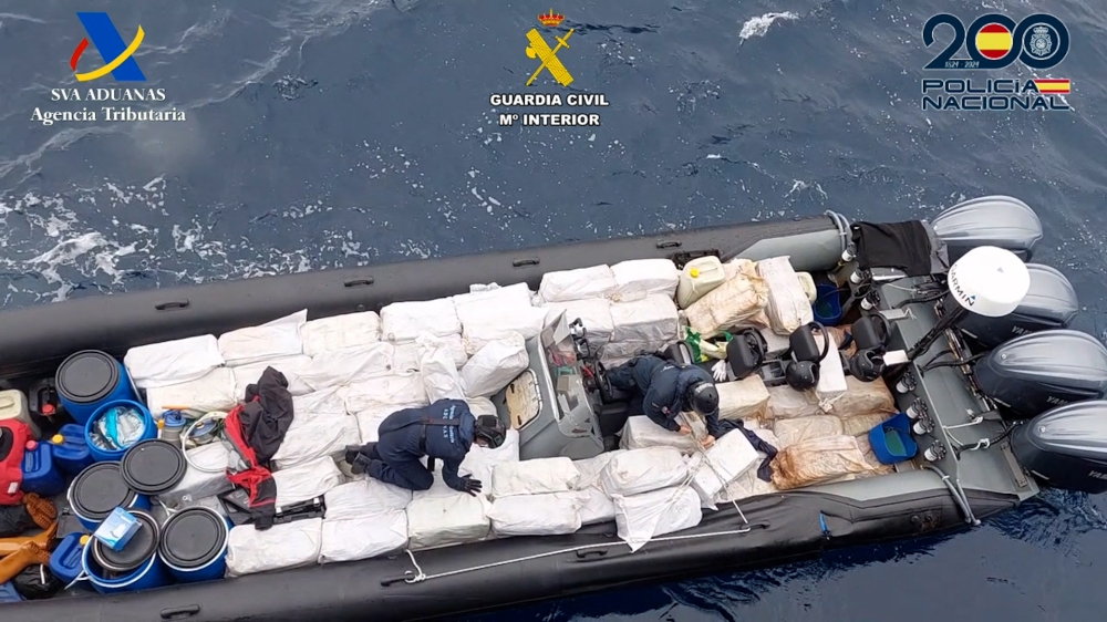 This handout image released on February 15, 2024 by Spanish Guardia Civil shows a speedboat, carrying over four tonnes of cocaine, which was seized by Spanish police off the Canary Islands. — Handout / Spanish Guardia Civil / AFP pic