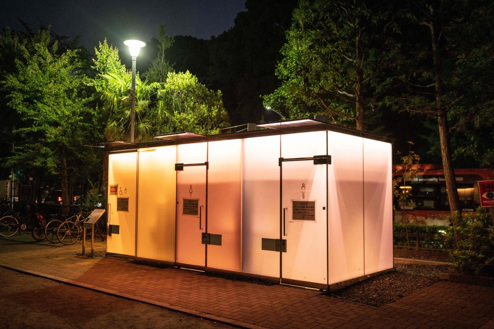 This picture taken on June 10, 2023 shows a public toilet designed by Japanese architect Shigeru Ban at Yoyogi Fukamachi Mini Park in Tokyo. — AFP pic