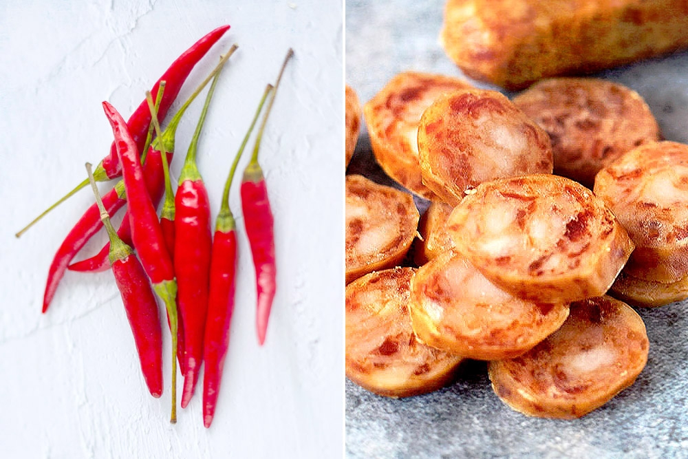 Red 'cili padi' add heat (left) while Chinese sausages provide flavourful oils (right).