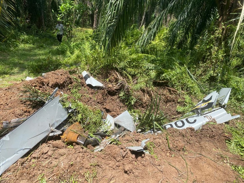 In the 1.45pm incident, pilot Daniel Yee Hsiang Khoon, 30, and co-pilot Roshaan Singh Raina, 43, were believed to have been buried in the aircraft cockpit more than two metres deep in the ground, after it crashed in an oil palm plantation area in Kampung Tok Muda, Kapar, Selangor. — File picture courtesy of Fire and Rescue Department