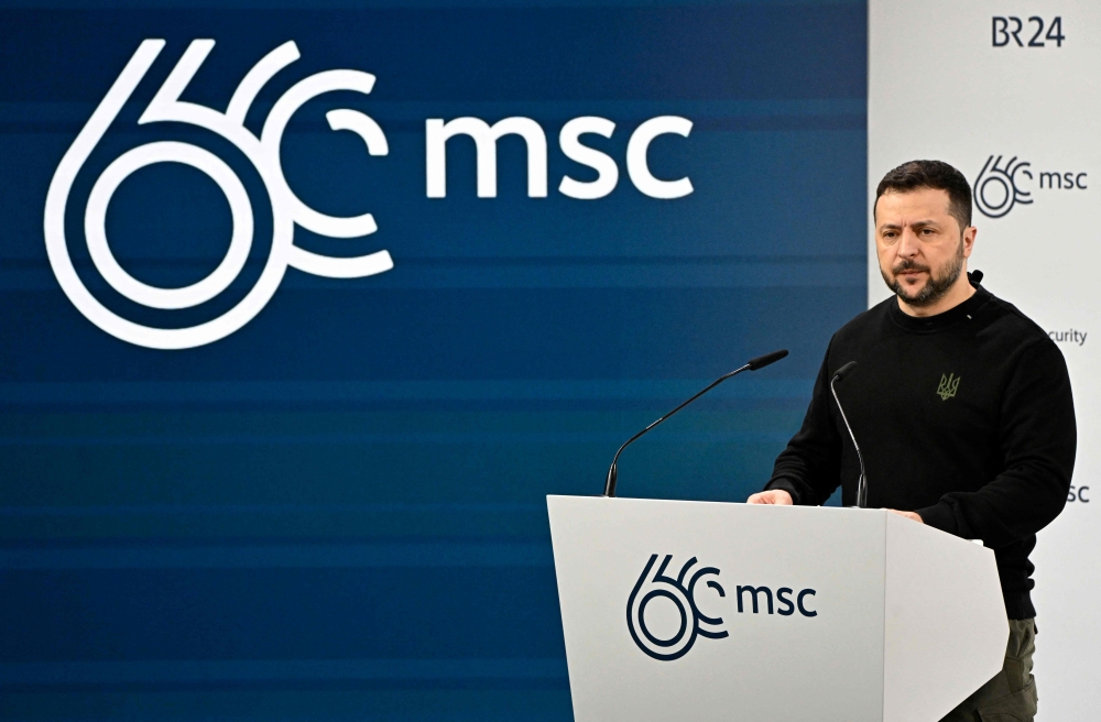 Ukrainian President Volodymyr Zelensky delivers his speech at the 60th Munich Security Conference (MSC) at the Bayerischer Hof hotel in Munich, southern Germany, on February 17, 2024. ― AFP pic