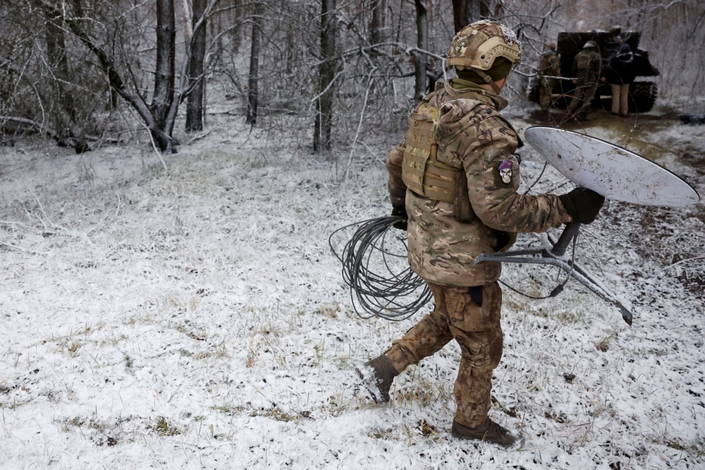 Starlink unit on the frontline region of Kreminna, Ukraine January 6, 2023. — Reuters pic