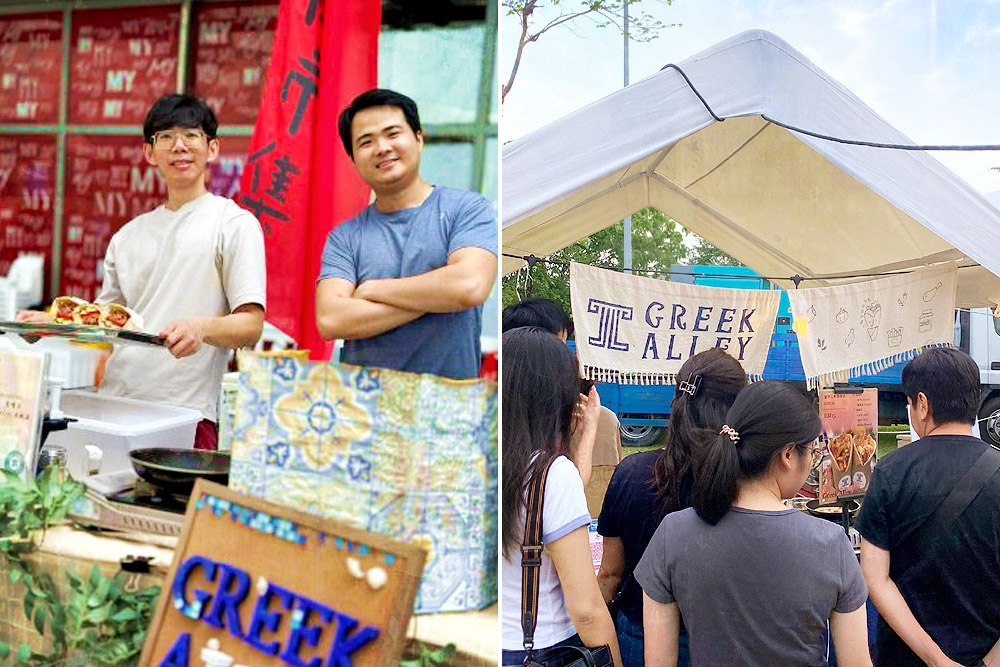 Co-founders Jason Ng and Richard Tan (left). Greek Alley’s pop up at a weekend bazaar (right).