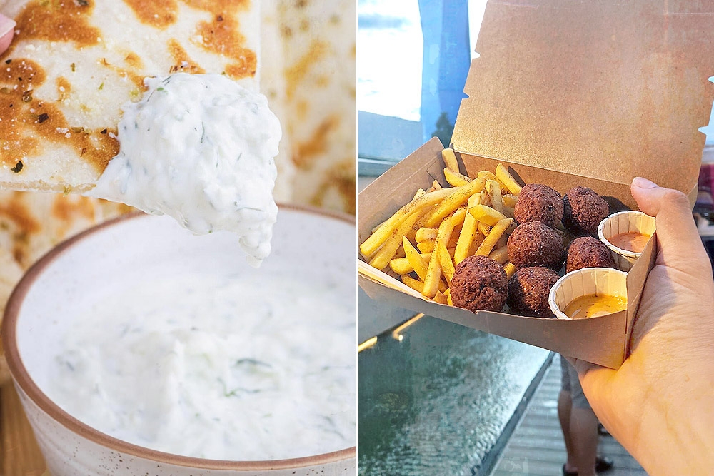 Tzatziki (left). Falafel and fries (right).