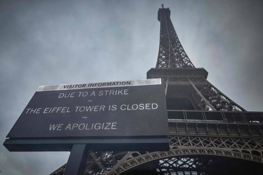 The Eiffel Tower, one of the world’s top tourist attractions, will remain closed for a second straight day today as staff extend a strike, a union representative told AFP. — AFP pic