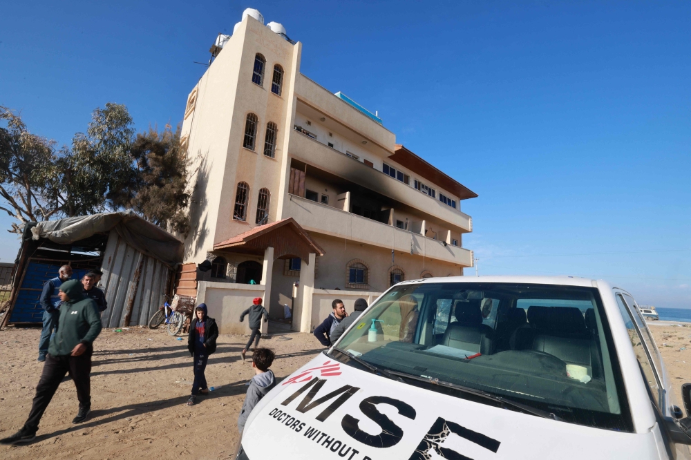 A general view of the building of medical charity Doctors Without Borders (MSF), which was reported targeted by Israeli tank fire in al-Mawasi area, west of Khan Yuni, in the southern Gaza Strip, on February 21, 2024, amid the ongoing war between Israel and the Palestinian militant group Hamas in Gaza. — AFP pic