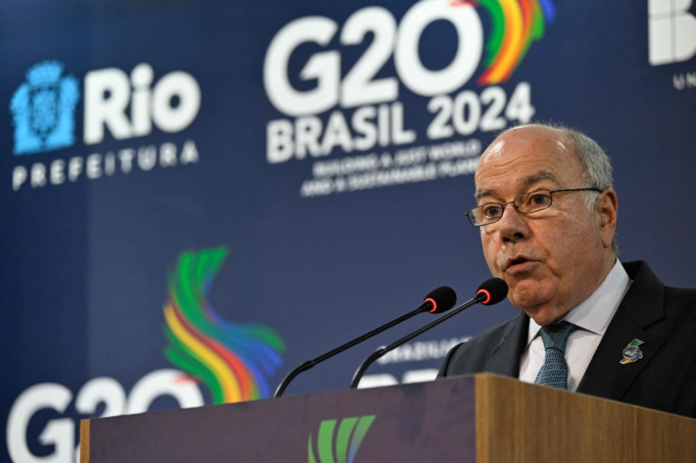 Brazil’s Foreign Minister Mauro Vieira delivers a press conference at the end of the G20 foreign ministers meeting in Rio de Janeiro, Brazil, on February 22. — AFP pic