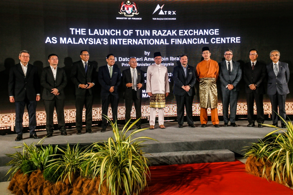 Prime Minister Datuk Seri Anwar Ibrahim (center) at the launch of the TRX International Financial Hub in Kuala Lumpur February 23, 2024. — Picture by Hari Anggara
