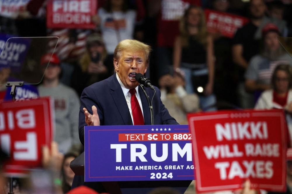 Republican presidential candidate and former US President Donald Trump speaks during a campaign rally at Winthrop Coliseum ahead of the South Carolina Republican presidential primary in Rock Hill, South Carolina February 23, 2024. — Reuters pic