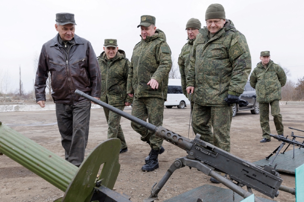 Russia’s Defence Minister Sergei Shoigu inspects military equipment captured by Russian troops in the course of Russia-Ukraine conflict, at a Russian military command centre in a location given as Russian-controlled Ukraine, in this picture released February 24, 2024. — Reuters pic