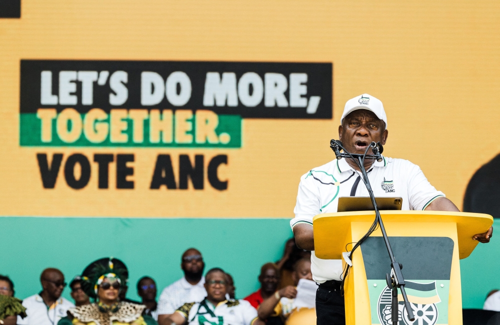 African National Congress (ANC) and South Africa President Cyril Ramaphosa addresses supporters at the Election Manifesto launch at the Moses Mabhida Stadium in Durban on February 24, 2024. — AFP pic