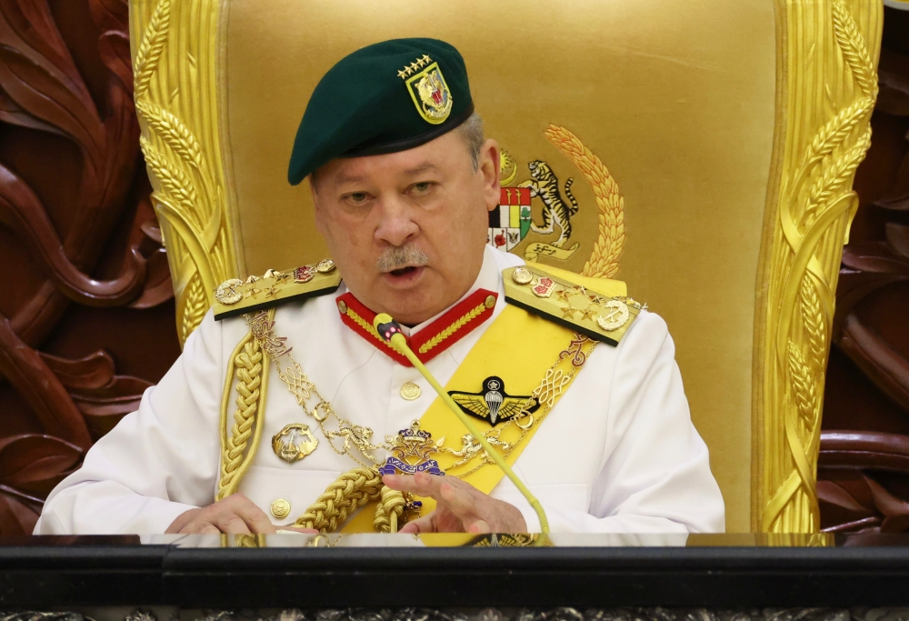 Yang di-Pertuan Agong Sultan Ibrahim delivers the royal address when gracing the official opening of the First Meeting of the Third Session of the 15th Parliament in Dewan Rakyat in Kuala Lumpur February 26, 2024. — Bernama pic