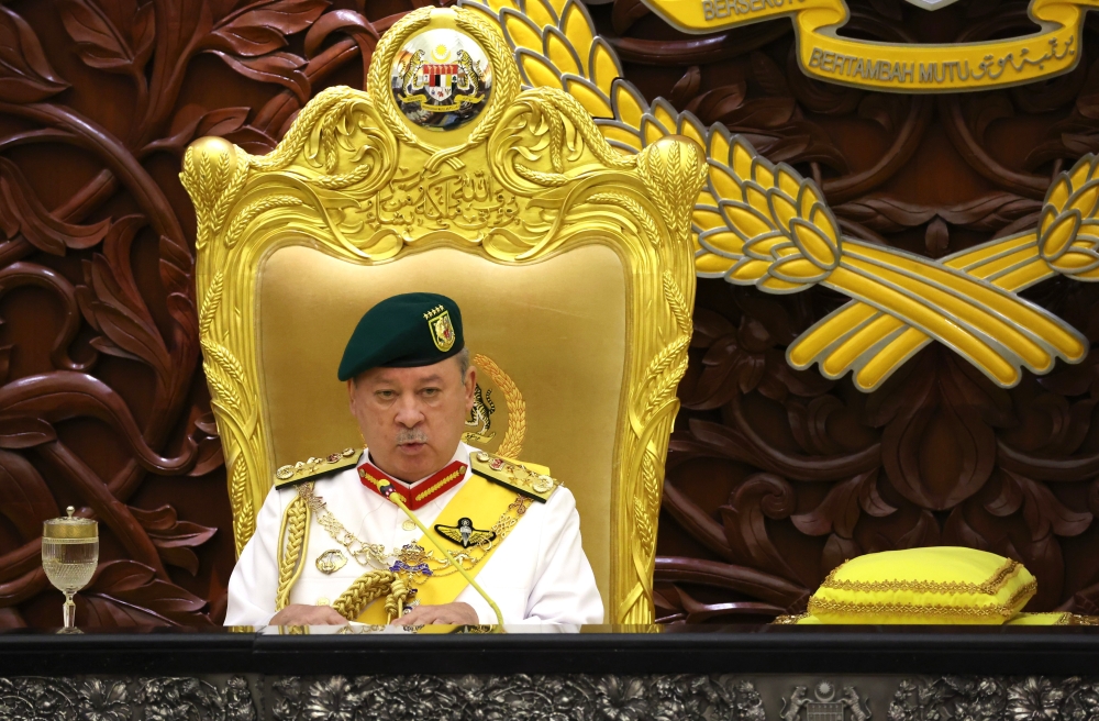 Yang di-Pertuan Agong Sultan Ibrahim delivers the royal address when gracing the official opening of the First Meeting of the Third Session of the 15th Parliament in Dewan Rakyat in Kuala Lumpur February 26, 2024. — Bernama pic