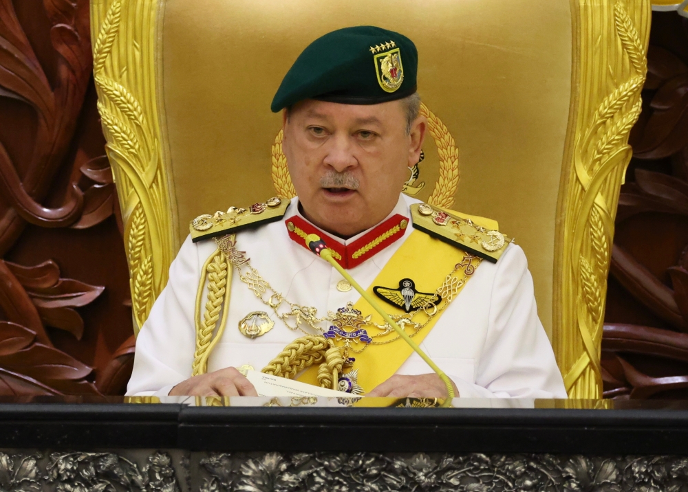 Yang di-Pertuan Agong Sultan Ibrahim delivers the royal address in conjunction with the Opening Ceremony of the First Meeting of the Third Session of the 15th Parliament today. — Bernama pic