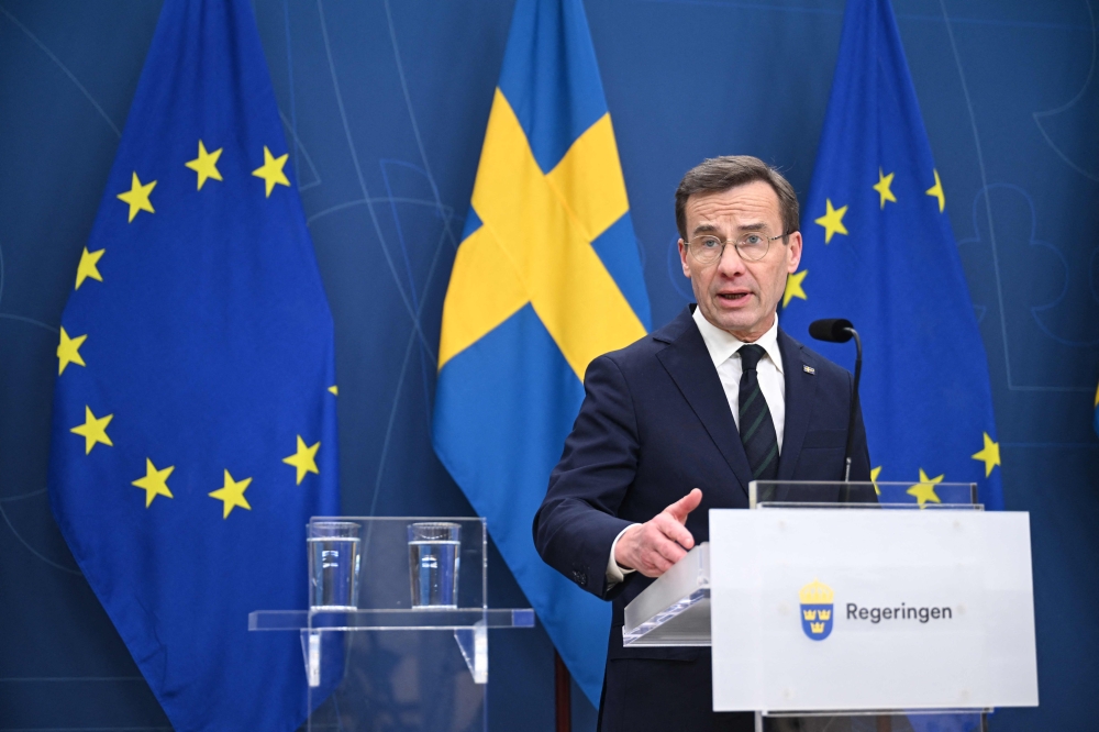 Sweden’s Prime Minister Ulf Kristersson attends a press conference after Hungary’s parliament has voted yes to ratify Sweden’s Nato accession, in Stockholm February 26, 2024. — AFP pic