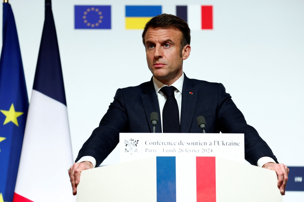 French President Emmanuel Macron speaks during a press conference at the end of the conference in support of Ukraine, with European leaders and government representatives, at the Elysee Palace in Paris February 26, 2024. — Reuters pic