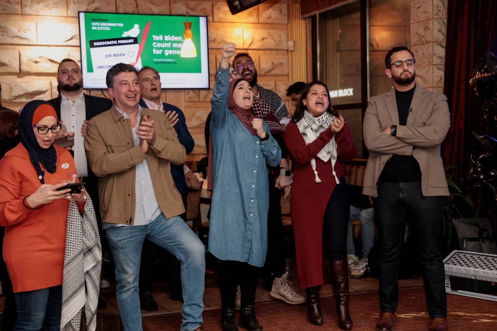 Political activist Linda Sarsour cheers during an election night gathering as Democrats and Republicans hold their Michigan primary presidential election, in Dearborn, Michigan February 27, 2024. — Reuters pic