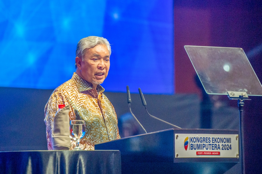 Deputy Prime Minister, Datuk Seri Ahmad Zahid Hamidi delivers his speech during the launching of the Kongres Ekonomi Bumiputera 2024 in Putrajaya 29 February 2024. — Picture by Shafwan Zaidon