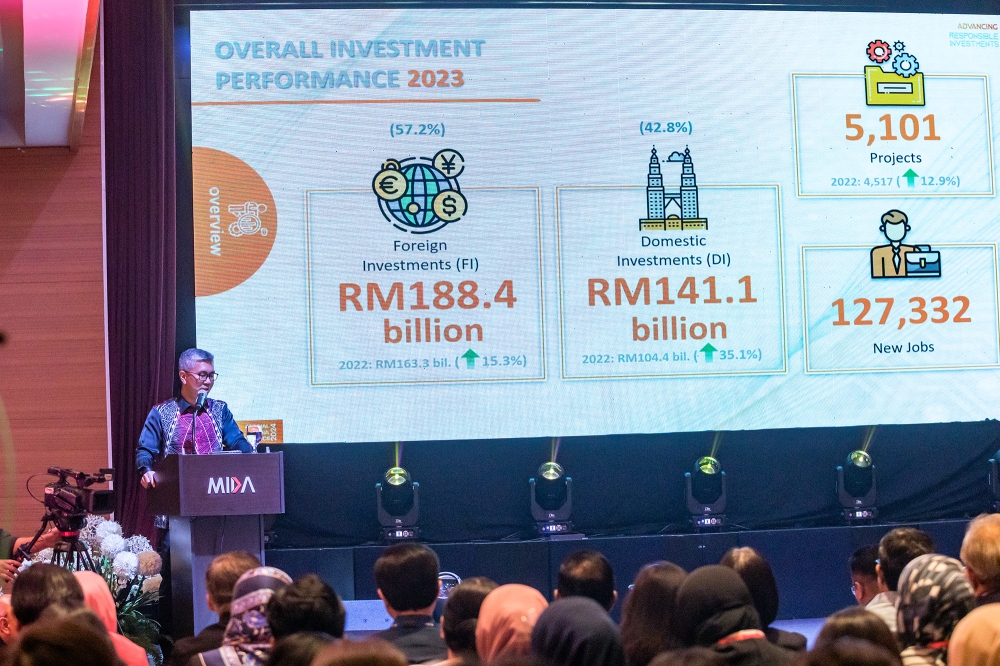 Minister of Investment, Trade and Industry Tengku Datuk Seri Zafrul Abdul Aziz speaking at MIDA Annual Media Conference (AMC) 2024 in Kuala Lumpur February 29, 2024. — Picture By Firdaus Latif