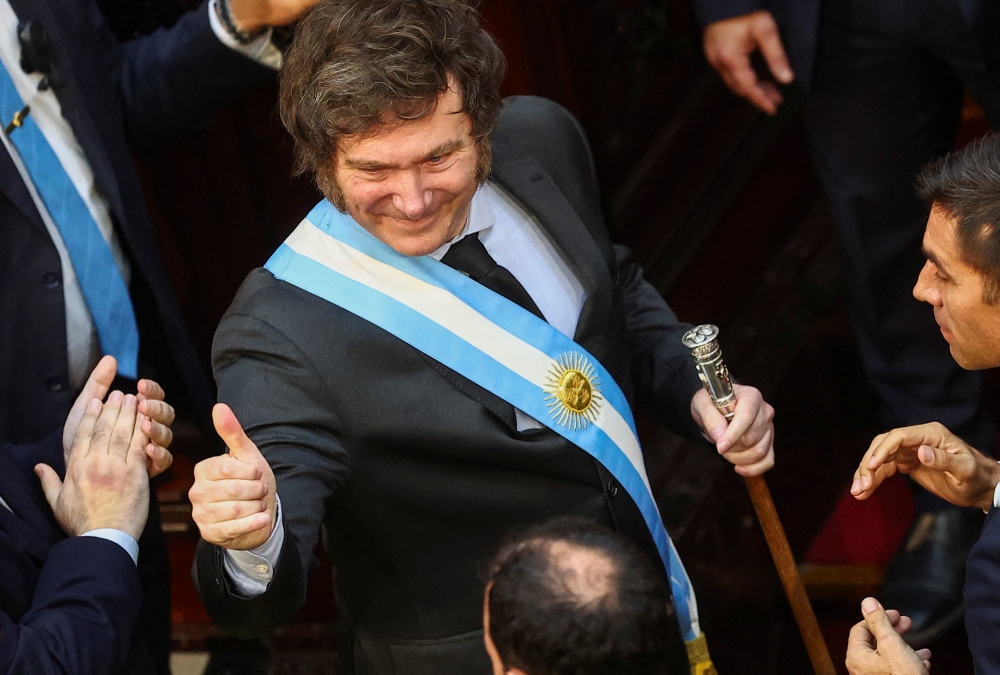 Argentina's President Javier Milei gestures during the opening session of the 142nd legislative term, at the National Congress, in Buenos Aires, Argentina, March 1, 2024. — Reuters pic