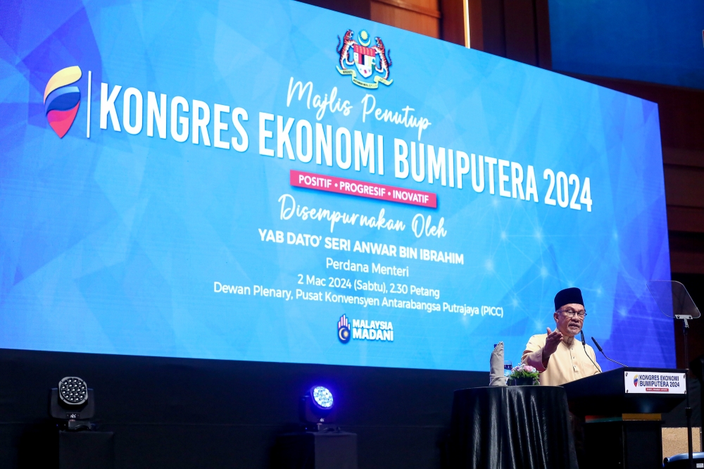 Prime Minister Datuk Seri Anwar Ibrahim delivers his speech during the 2024 Bumiputera Economic Congress at PICC in Putrajaya March 2, 2024. — Picture by Yusof Mat Isa