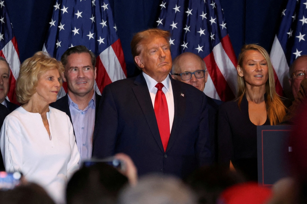 File photo of Republican presidential candidate and former US President Donald Trump looking on from the stage as he hosts a South Carolina Republican presidential primary election night party in Columbia, South Carolina, US February 24, 2024. — Reuters pic