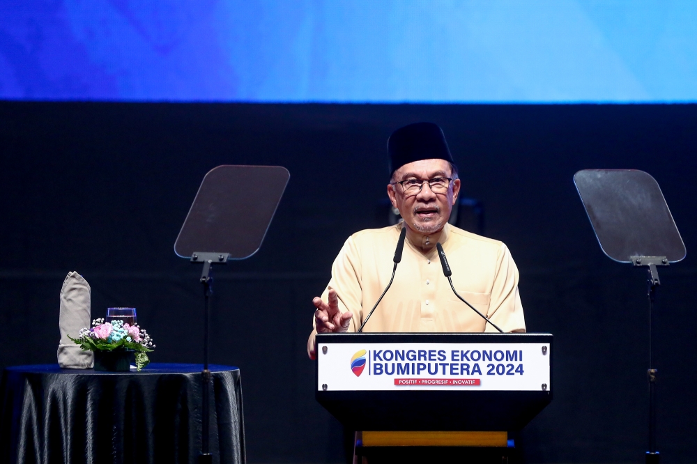 Prime Minister Datuk Seri Anwar Ibrahim delivers his speech during the 2024 Bumiputera Economic Congress at PICC in Putrajaya March 2, 2024. — Picture by Yusof Mat Isa