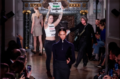 Animal rights activists disrupt Victoria Beckham show in Paris