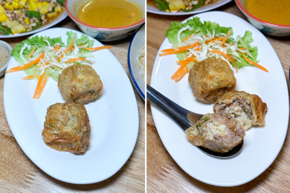 'Hoi jor' is a maxed up version of the old school Chinese crab balls (left). What makes this 'hoi jor' exceptionally good is that pocket of fresh crab meat hidden inside (right)