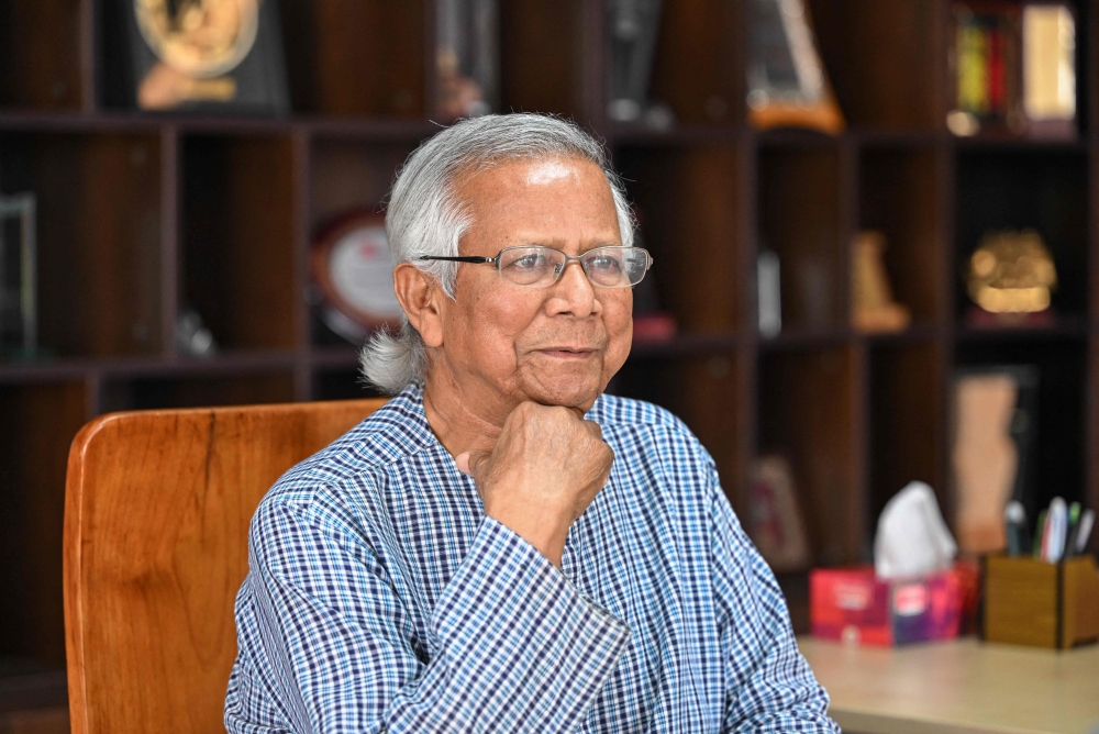 This photograph taken on February 29, 2024 shows Bangladeshi Nobel peace laureate Muhammad Yunus during an interview with AFP at his office in Dhaka. — AFP pic