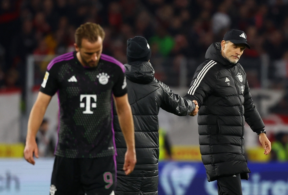 Bayern Munich coach Thomas Tuchel and Harry Kane look dejected after the match against SC Freiburg at Europa Park Stadion, Freiburg, March 1, 2024. — Reuters pic 