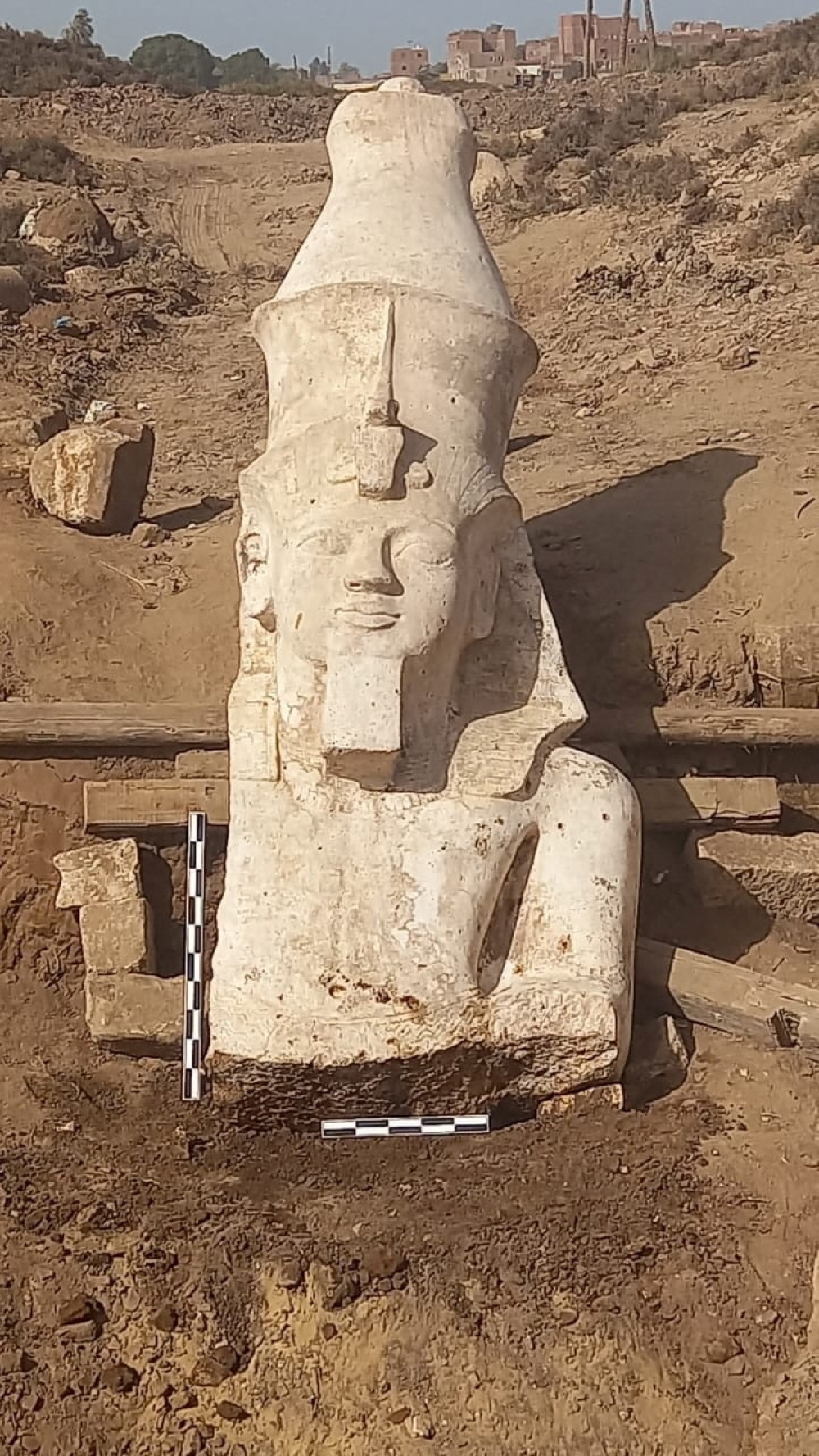 A section of a limestone statue of Ramses II unearthed by an Egyptian-US archaeological mission in El Ashmunein, south of the Egyptian city of Minya, Egypt in this handout image released March 4, 2024. — Picture courtesy of The Egyptian Ministry of Antiquities/Handout via Reuters