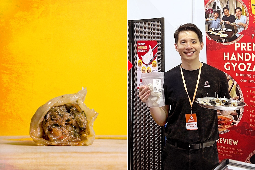 Juicy meat inside a fried gyoza (left). Gyoza For Life’s founder Adrian Choong (right).