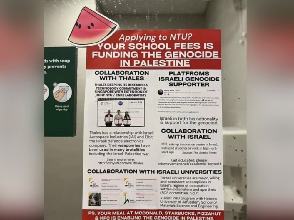 A photograph posted on social media showing a poster allegedly put up in a toilet at Nanyang Technological University on March 3, 2024. — Reddit pic via TODAY