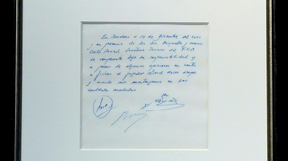 A napkin on which was written the first promise of a contract to secure 13-year-old Lionel Messi for FC Barcelona, is on display at Bonhams, New York March 5, 2024. — AFP pic