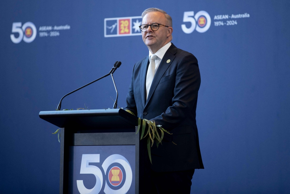 This handout photo taken and released on March 5, 2024 by the Asean-Australia Special Summit 2024 shows Australia's Prime Minister Anthony Albanese addressing the reception for the Asean-Australia Special Summit 2024 in Melbourne. — AFP pic