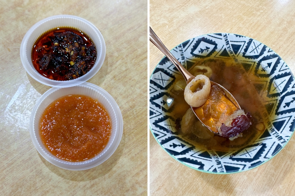 Two sauces for two noodles giving different flavour profiles, where the chilli oil zings in your mouth with a tingling spice and the bright red chilli sauce brings spicy and tangy notes (left). The stall also serves homemade 'tong sui' like this one with peach gum, red dates and longan (right).