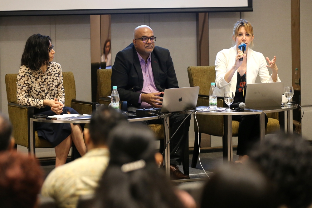 (From left) Human Rights Watch (HRW) deputy Asia director Bryony Lau, HRW researcher Jerald Joseph and HRW Asia division researcher Shayna Bauchner at the launch of the HRW report titled ‘We Can’t See the Sun: Malaysia’s Arbitrary Detention of Migrants and Refugees’, in Petaling Jaya March 6, 2024. — Picture by Shafwan Zaidon