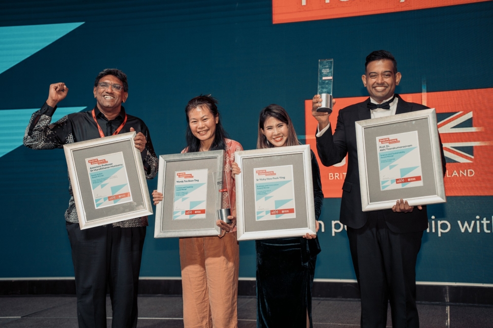 (From left) Dr Murallitharan Munisamy, Wendy Teo Boon Ting, Vicky How Peck Ying and Prof Dr Abhi Veerakumarasivam take home Study UK Alumni Awards 2024 for their contribution to society. — Picture courtesy of British Council Malaysia
