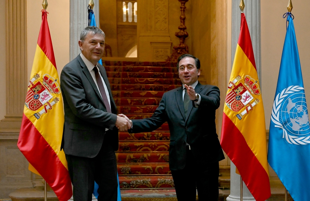 Spain’s Minister of Foreign Affairs Jose Manuel Albares (right) welcomes the UN Palestinian refugee aid agency (UNRWA) chief Philippe Lazzarini prior a meeting in Madrid on March 7, 2024. — AFP pic