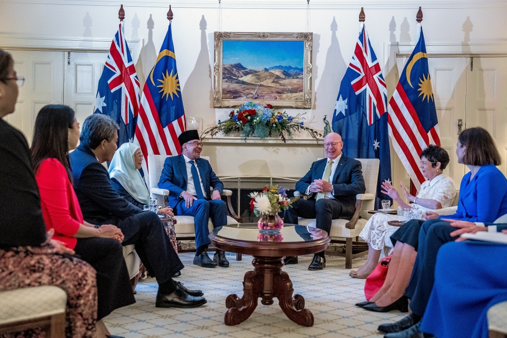 Prime Minister Datuk Seri Anwar Ibrahim pays a courtesy call on Governor-General of the Commonwealth of Australia, General David Hurley, at the Government House in Canberra March 7, 2024. — Bernama pic