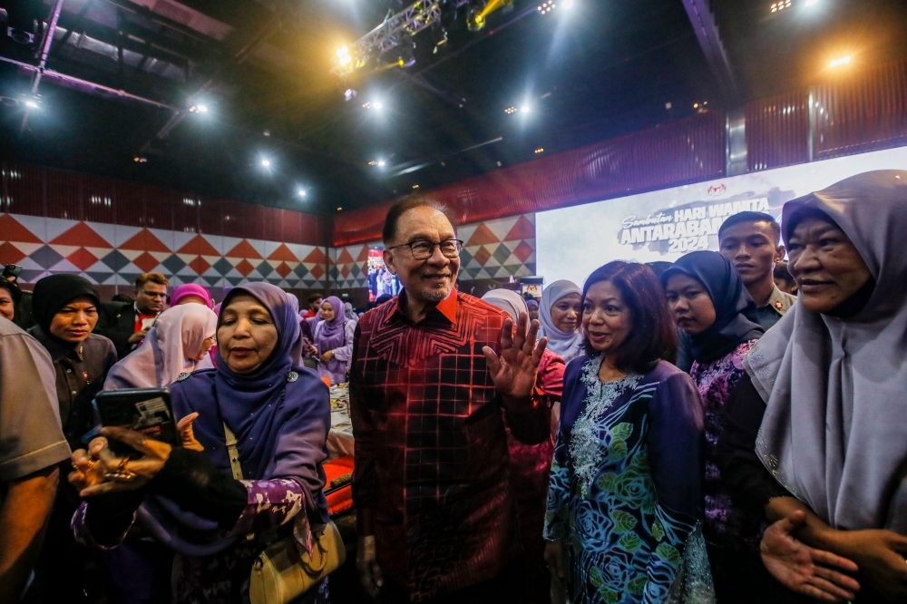 Prime Minister Datuk Seri Anwar Ibrahim at the International Women’s Day 2024 celebration which took place at the Sunway Pyramid Convention Centre in Petaling Jaya, March 8, 2024. — Picture by Hari Anggara