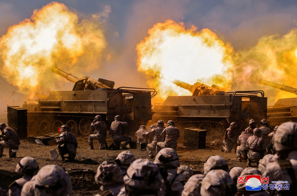 The Korean People's Army conducts an artillery firing drill, KCNA news agency reported, in North Korea, March 7, 2024 in this picture released on March 8, 2024, by the Korean Central News Agency.    ― KCNA via Reuters