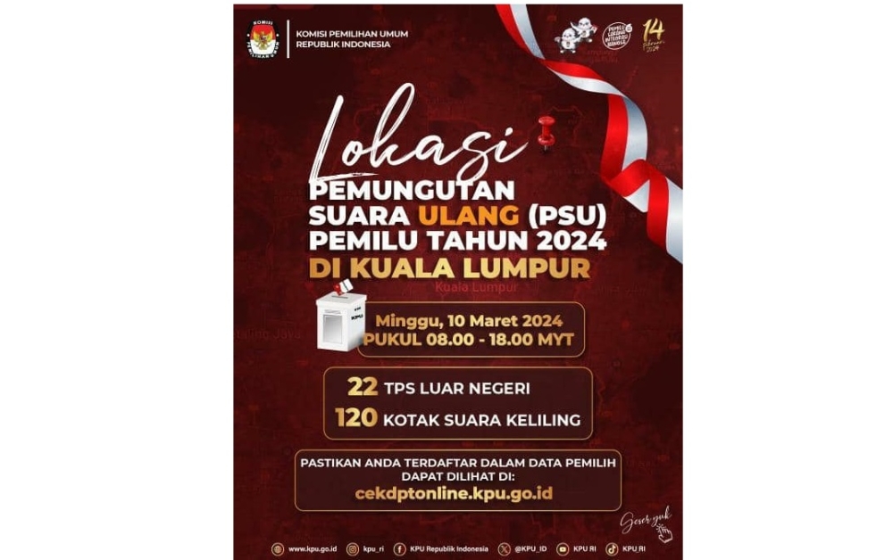 According to a poster included inside the post, the re-voting process will start from 8am and end at 6pm local time. — Picture via Facebook/ Indonesian Embassy Kuala Lumpur