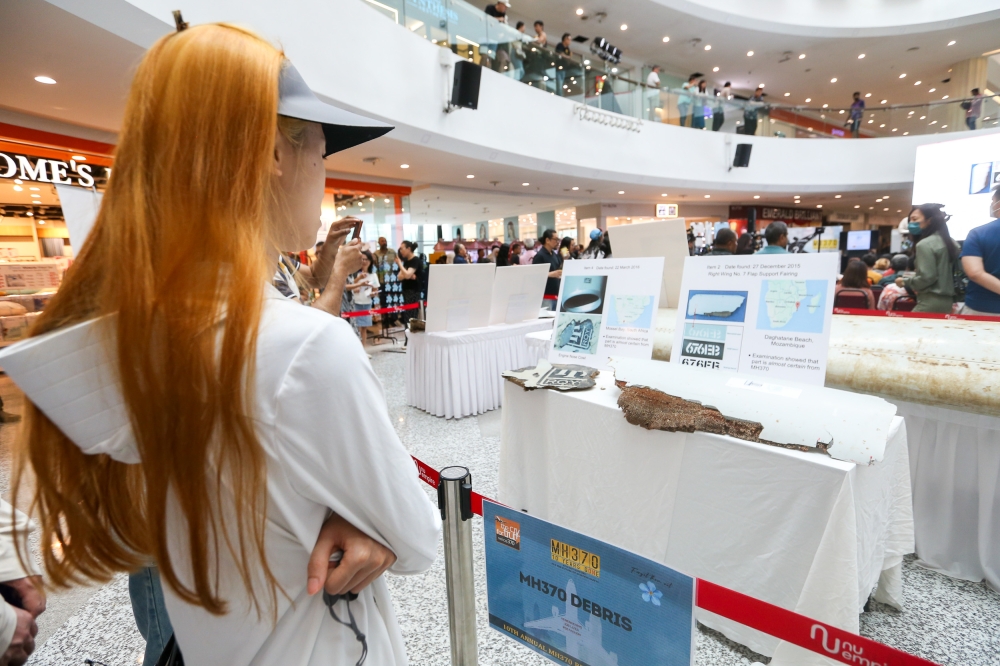 Debris from Flight MH370 is seen during the 10th year commemoration of disappearance the flight in Subang Jaya March 3, 2024. Two amateur investigators have been quoted saying they are convinced that the wreckage of the doomed Malaysia Airlines flight MH370 lies west of Perth, Australia. — Picture by Miera Zulyana