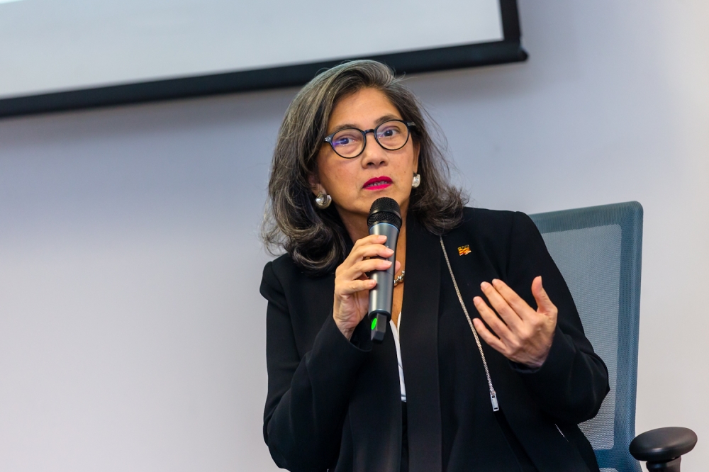 Siobhan Das, CEO of AMCHAM, speaking during the release of insights from the Economic Impact Survey (EIS) in Kuala Lumpur. March 11, 2024. — Picture By Raymond Manuel