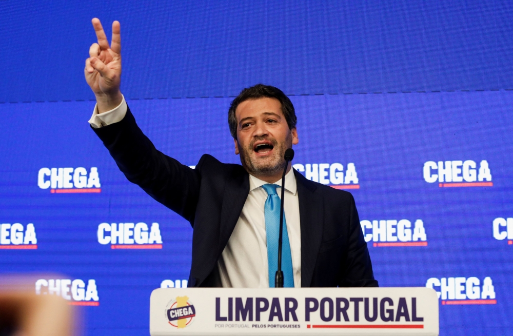 Far right political party Chega leader Andre Ventura reacts following results in the general election in Lisbon, Portugal, March 11, 2024. — Reuters pic