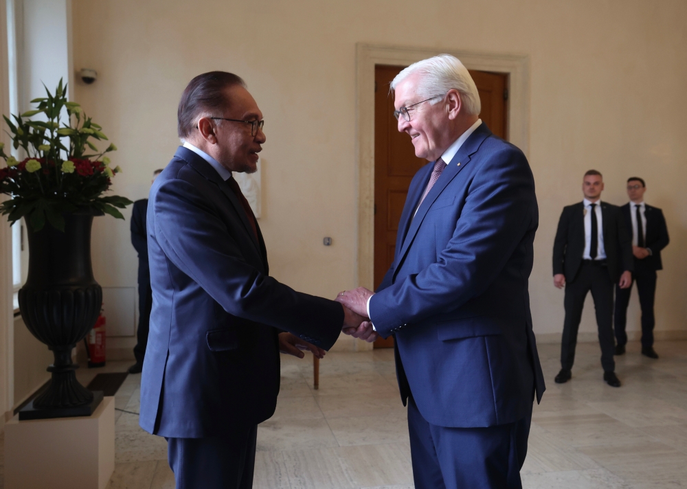 Prime Minister Datuk Seri Anwar Ibrahim is greeted by President Frank-Walter Steinmeier of Germany during a courtesy call on the latter at Bellevue Place, March 11, 2024. — Bernama pic 