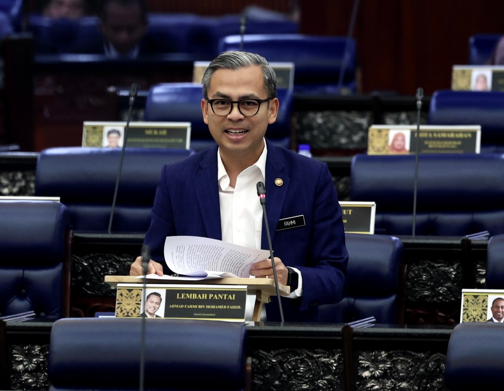Communications Minister Fahmi Fadzil speaks during the Minister’s Question Time in Parliament March 12, 2024. — Bernama pic