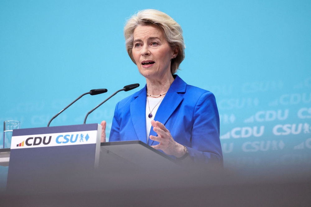 EU Commission President Ursula von der Leyen speaks at a press conference following a Christian Democratic Union (CDU) party leadership meeting in Berlin, Germany, March 11, 2024. — Reuters pic